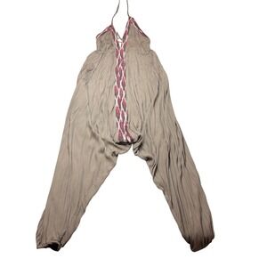 ZhenNymph Boho Harem Jumpsuit Romper Tan Tribal Aztec Print Tie Halter Womens XS